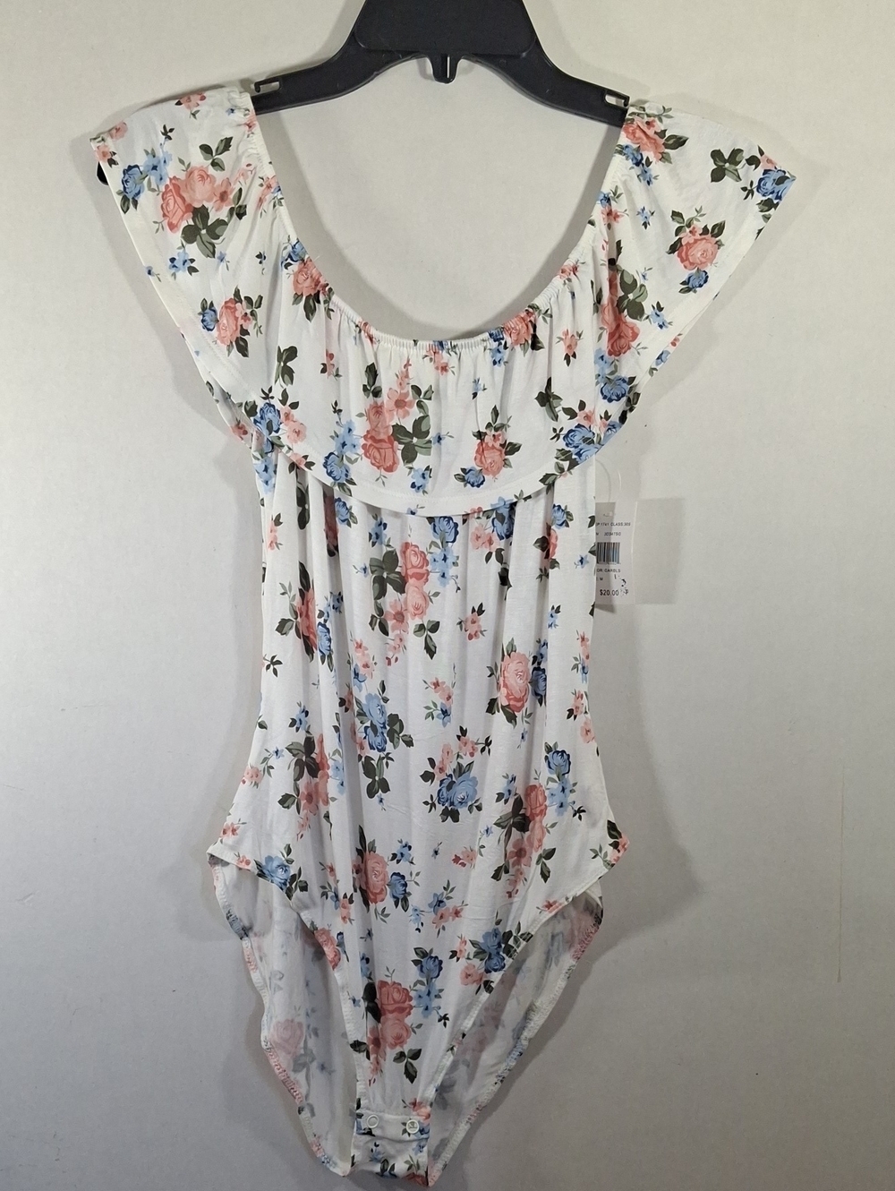 Ultra Flirt White Floral Off-Shoulder Bodysuit with Pink & Blue Roses